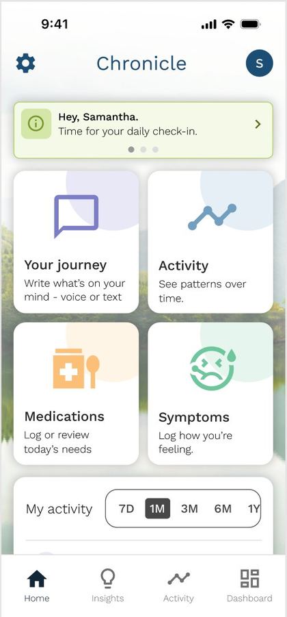 IAS Chronicle home screen with daily check-in prompt